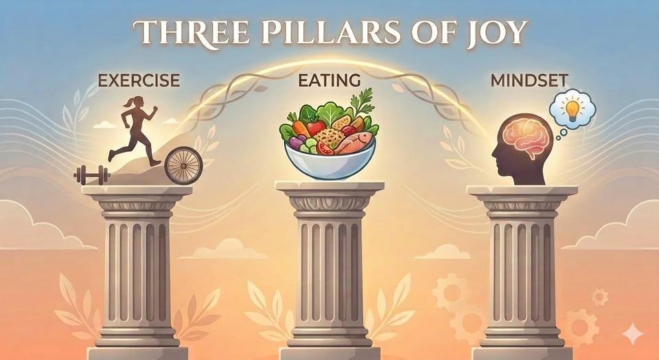 illustration of three pillars depicting exercise, nutrition annnd mindset